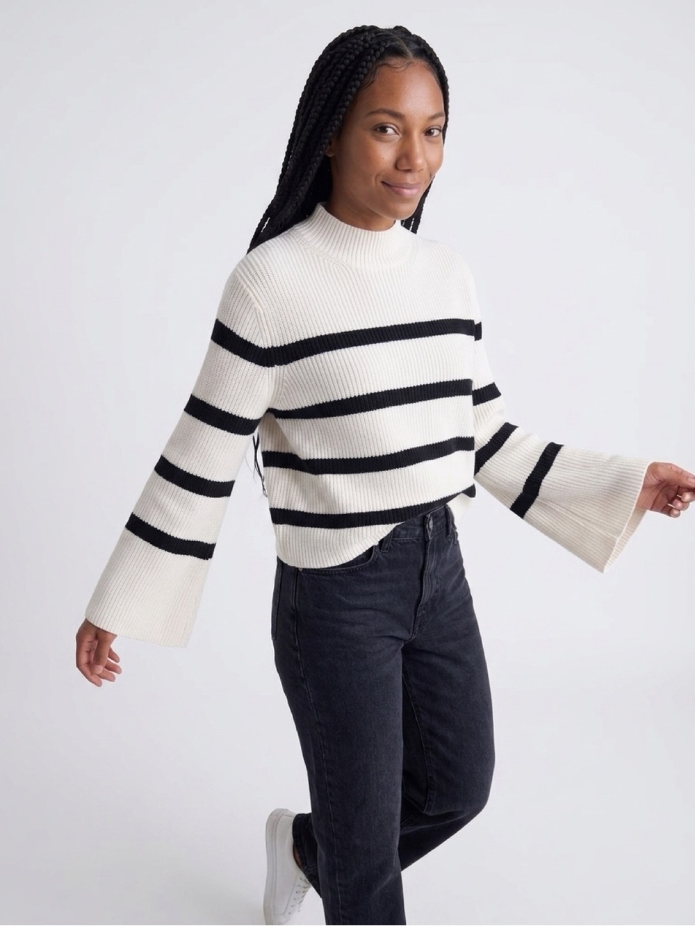 Banana Republic White and Black Striped Mock Neck Sweater